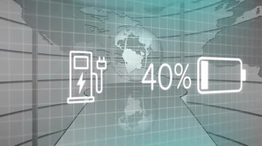 Eko yaprak ikonunu ve% 100 bataryayı holografik dünya üzerinde gösteren fütürist dijital şarj arayüzü. Gelecek, yenilik, sürdürülebilirlik, holografik, dijital, teknoloji, enerji