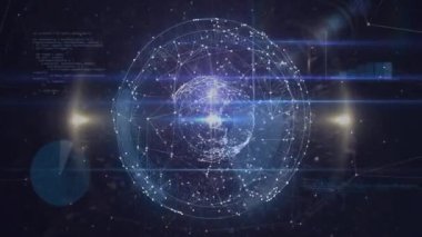 Dijital veri alanında süzülen parlayan ağ küresi ışık çizgilerini, parçacıkları ve çubukları gösteriyor. Gelecek, teknoloji, yenilik, dijital, arayüz, veri, soyut