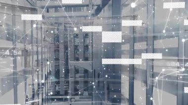 Sunucu rafları ve kablolar etrafında süzülen, parlayan ağ örtülerini gösteren 3D işlemeli veri merkezi. Teknoloji, siber güvenlik, altyapı, yenilik, bağlantı, dijital mimari, girişim