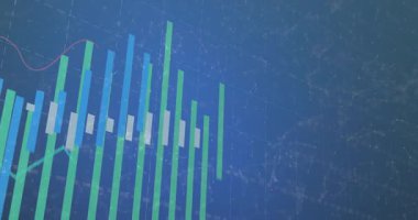 Düz tasarım dikey çubukları, kırmızı çizgi izleme eğilimi sırasında karanlık şebekeye yükselen finansal verileri gösteriyor. Veri, analitik, bilgi, teknoloji, dijital, metrik, eğilim