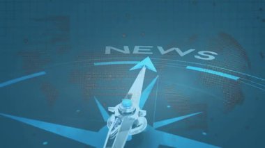Pusula düz dizaynlı NEWS metni ile noktalı dünya haritasında şeffaf iğneyle dönüyor. Coğrafi, dijital, navigasyon, teknoloji, yayın, veri, küresel