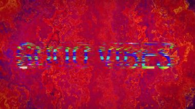 Kırmızı mor turuncu mermer arka planda 3D render tarzıyla titreşen İyi VİBES metni görüntüleniyor. Soyut, canlı, çağdaş, dijital sanat, enerjik, renkli, modern