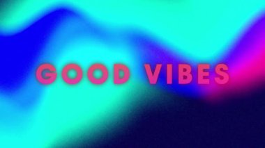 Dijital illüstrasyonda pürüzsüz dalgalı mor renkler üzerinde parlayan cesur metin İyi VİBES. Soyut, enerjik, modern, ilham verici, dijital sanat, renkli, enerjik