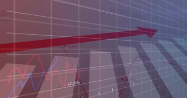 Gösterge panelinde yukarı doğru yükselen kalın kırmızı ok, ızgarayı, çubukları, çizgi grafiklerini ve yüzde etiketlerini gösteriyor. Analizler, finans, veri, gösterge paneli, görselleştirme, teknoloji, rapor