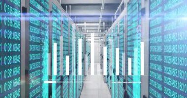 Koridor boyunca süzülen beyaz çubuk grafiği oluşturun, sunucu rafları kod ve kablo kanallarını göstersin. Teknoloji, veri, analitik, siber güvenlik, dijital, sanayi, fütüristik