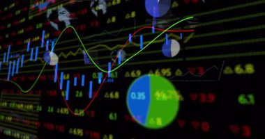 Dijital finans paneli animasyon çubukları, trend çizgileri, turta grafikleri ve şebeke üzerindeki kalpler. Teknoloji, analitik, veri görselleştirme, yatırım, finans, dijital, iş zekası