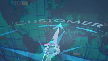 Şekillendirilmiş 3D pusula küresel harita ızgarası üzerinde dönüyor, kod örtüleri ve destek etiketleri içeriyor. Navigasyon, teknoloji, fütüristik, veri, analitik, yenilik, dijital