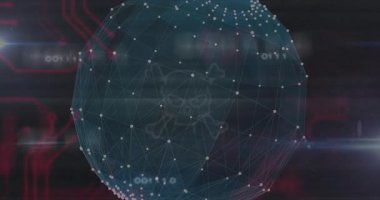 Kablo çerçeveli ağ küresi, kafatası ve çapraz kemikleri gösteren, karanlık siber 3D görüntüleme ile canlandırılıyor. Teknoloji, siber güvenlik, dijital, ağ, fütüristik, veri, sanal