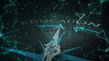 Metalik pusula iğnesi soyut teknoloji sahnesinde yukarıya doğru, küre örtüsü ve veri düğümleriyle. Teknoloji, yenilik, dijital, ağ, navigasyon, fütüristik, veri