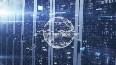 Sunucu raflarında dönen dijital kablo küresi, parlayan veri noktaları ve ikili kodları gösteriyor. Teknoloji, veri merkezi, siber güvenlik, dijital altyapı, ağ, yenilik, modern