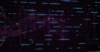 Açık mavi çizgiler ve birbirine bağlı yeşil düğümlerle koyu mavi dalga boyu titreşen neon mor dalga formu. Gelecek, teknoloji, dijital, holografik, soyut, veri, siber