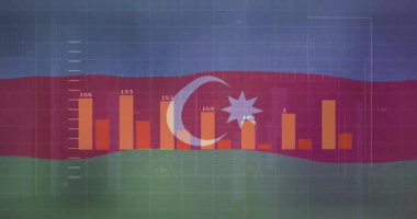 Azerbaycan bayrağı çerçeve boyunca uzanıyor, çubuk çizelgeleri ve düz dizayndaki sayısal örtüleri gösteriyor. Vatanseverlik, veri görselleştirme, finansal grafikler, dijital gösterge paneli, modern tasarım, istatistiksel analiz, teknoloji