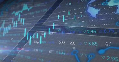 Finansal veriler ekranda görselleştiriliyor, çizgi grafikleri, düz tasarım çubukları gösteriliyor. Analizler, gösterge paneli, finans, teknoloji, arayüz, görselleştirme, veri