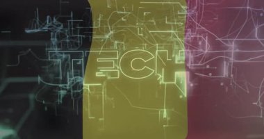 Dikey renk bantlı stilize neon devre ızgarasında parlayan TECH harfleri görülüyor. Fütürist, siber, dijital, neon, teknoloji, ağ, soyut