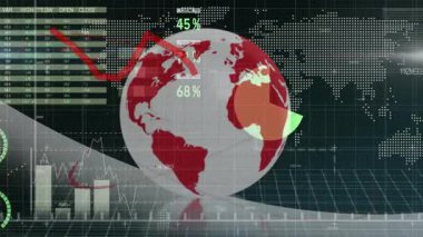 Stilize olmuş dünya haritası, kırmızı çizgiler, turta segmentleri ve bar çizelgeleri gösterilerek karanlık ızgara üzerinde canlandırılıyor. Finans, analitik, panel, teknoloji, veri, yatırım, istatistik