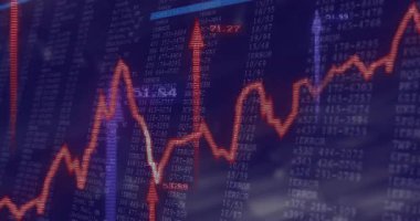 Kırmızı sivri uçlu çizgi grafiği mavi arayüzde canlandırılıyor, hata sütunlarını vurguluyor. Veri görselleştirme, teknoloji, analitik, dijital arayüz, finans, büyüme, eğilim