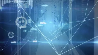 Veri merkezi koridoru yüzen ağ hatlarıyla parıldıyor ve 3D görüntüleme ile kodları kaydırıyor. Gelecekçi, siber güvenlik, dijital, teknoloji, modern, yenilik, bağlantı