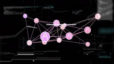 Ağ görselleştirmesi karanlık alan üzerinde canlandırılıyor, pembe simge bağlama düğümleri ve UI paneli ile. Teknoloji, veri, dijital, fütüristik, bağlantı, analiz, siber uzay