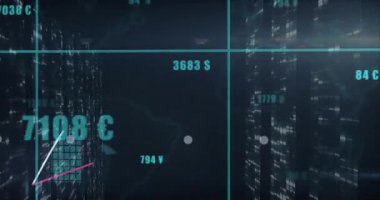 Şehrin ufuk çizgisinde turkuaz çubuklar ve morumsu trend çizgilerini gösteren finansal tablo görselleştiriliyor. Veri analizleri, kentsel, modern, teknoloji, yatırım, görselleştirme, kurumsal