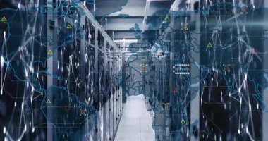 Veri merkezi koridoru düz dizayn ağı örtüyor, sunucu raflarını parlayan düğümlerle birleştiriyor. Teknoloji, bağlantı, siber güvenlik, altyapı, fütüristik, dijital, yenilik