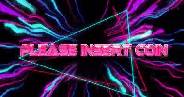 Atari salonunda akan kurdeleler ve kablo üçgenleriyle sergilenen neon pembe paralar lütfen. Fütürist, dijital, enerjik, soyut, retro, sürükleyici, ışıltılı