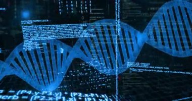Karanlık ızgara üzerinde süzülen üç boyutlu DNA sarmalı, neon kodlu ve çift haneli rakamlar dikey olarak kayıyor. Teknoloji, biyoteknoloji, dijital sanat, gelecek, yenilik, veri, görselleştirme