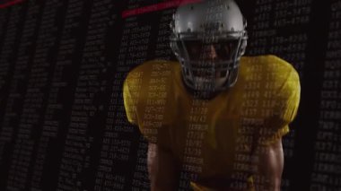 Futbolcu teknoloji sahnesinde, kaydırma kodu ve kırmızı hata vurgusu ile futbol oynuyor. Sporcu, spor, hareket, fütüristik, dijital, yenilik, teknoloji