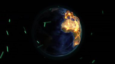 Parlak ağ kavisleri ve yeşil veri çizgileriyle uzayda dönen 3D-render Dijital Dünya küresi. Gelecekçi, küresel, bağlantı, siber alan, teknoloji, ağ, yenilik