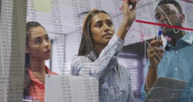 Ekip, cam tahtaya yazı yazma ve dizüstü bilgisayarla renk veri tabloları çizme çalışmalarında işbirliği yapıyor. İşbirliği, takım çalışması, beyin fırtınası, yenilik, modern, profesyonel, veri görselleştirme