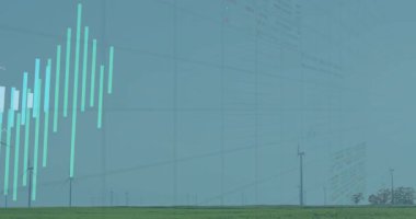 Rüzgar türbinlerinin üzerinde renkli çubuk grafikleri ve çizgi grafiklerini gösteren bir veri canlandırması. Yenilenebilir, sürdürülebilirlik, analitik, dijital, teknoloji, çevre dostu, çevre