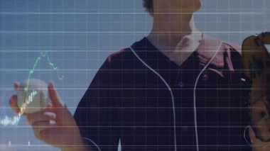 Beyzbol sahasında beyzbol eldivenini tutan erkek sporcu, animasyon finans çizelgeleri sergiliyor. Sporcu, spor kıyafeti, antrenman, dinamik, açık hava, kararlılık, performans