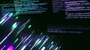 Yüzen kod blokları dijital arkaplanda ilerlerken neon yeşil mor çizgiler kesme sahnesini oluşturuyor. Siber uzay, teknoloji, yenilik, dijital alarm, fütürizm, holografi, yazılım