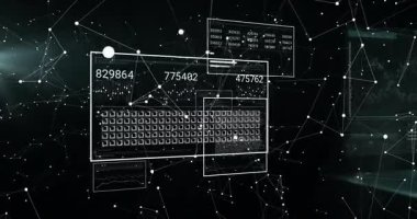 Yeşil 3D ağ arayüzü üzerinde rakamsal ölçümler ve grafikler gösteren gösterge paneli süzülüyor. Futuristik, teknoloji, veri, görselleştirme, dijital, arayüz, analiz