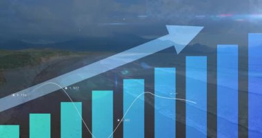 Kıyı plajı, turkuaz çubuklar, beyaz trend çizgisi, veri noktaları, yukarı doğru ok. Deniz manzarası, veri görselleştirme, finansal analiz, modern tasarım, doğal manzara, dijital grafikler, başarı