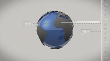 Tarih etiketleri ve ölçekli uçuş yollarını gösteren düzende dönen biçimlendirilmiş 3D küreyi göster. Coğrafya, havacılık, ulaşım, veri görselleştirme, uluslararası, gelecekçi, teknoloji