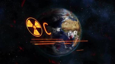 Dünya Gezegeni uzayda dönüyor, parlak nükleer tehlike uyarısı ile HUD çubukları örtüşüyor. Uzay, teknoloji, bilim, fütürizm, dikkat, alarm, dijital