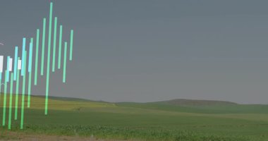 Veri görselleştirmesi, kırsal alanlara yerleştirilmekte, pastel çubuklar ve eğri çizgiler gösterilmektedir. Peyzaj, bilgi grafiği, minimalizm, tarım, açık hava, modern hesaplama