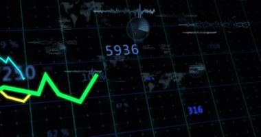 Neon yeşil ve sarı çizgi grafikleri ızgara UI üzerinde hareket ediyor, sayısal örtüşmeler ve radar göstergeleri gösteriyor. Teknoloji, veri, analitik, görselleştirme, dijital, fütüristik, arayüz