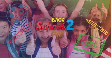 Mutlu sınıf öğrencilerinin tezahürat yapması üzerine okula dönüş görüntüsü. öğrenim, eğitim ve okul konseptine dijital olarak üretilen imaj.