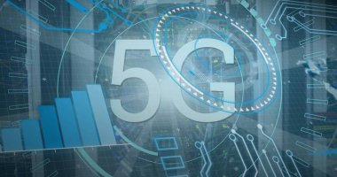 Sunucularda 5G ve veri işleme görüntüsü. bilgisayarlar, ağ, veri işleme, iletişim ve teknoloji konsepti dijital olarak oluşturulmuş görüntü.