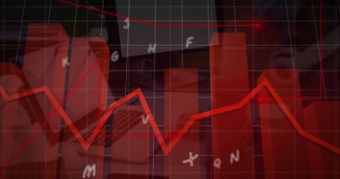 Ofis ızgarası üzerinde dizüstü bilgisayarlı kırmızı 3D çizelgeler ve kırmızı çizgi grafikleri gösteriliyor. Veri görselleştirme, analitik, dijital rapor, iş zekası, yenilikçi tasarım, teknoloji, şirket