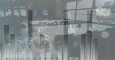 İş adamları üzerinden finansal veri işleme görüntüsü. Küresel işletme veri işleme ve teknoloji konsepti dijital olarak oluşturulmuş görüntü.