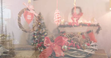 Yıldız teli ışıkları görüntüsü Noel süslerinin havadan görünüşü. Noel mevsimsel selamlamaları ve dijital olarak oluşturulan kutlama konsepti.