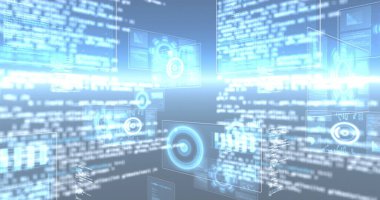 Siyah arkaplanda hareket eden veri işleme ve şekillerinin resmi. Bilimsel insan biyolojisi veri işleme ve teknoloji konsepti dijital olarak oluşturulmuş görüntü.