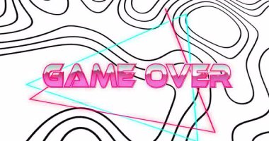 Neon üçgenleri üzerinde parlayan ve siyah hat çizgilerini kaplayan gradyan pembe metin. Fütürist, siberpunk, geometrik, canlı, dijital sanat, soyut, neon
