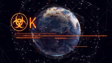 Küresel veri ağı Dünya 'da gösteriliyor, biyolojik tehlike uyarısını parlayan çubuklarla vurguluyor. Siber güvenlik, dijital, fütüristik, uyarı, teknoloji, arayüz, yenilik