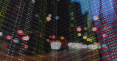 3D işlemeli borsa ekranı saatli sütunlar ve renkli numaralar Bokeh ile görüntüleniyor. Futuristik, teknoloji, analitik, finansal, dijital, neon, ekran