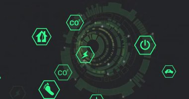 Parlak yeşil altıgen sürdürülebilirlik simgeleri yüzüklerle birlikte üç boyutlu koyu renklerde yüzüyor. Fütürist, dijital, çevre dostu, yenilikçi, geometrik, yüksek teknoloji, eko-bilinçli