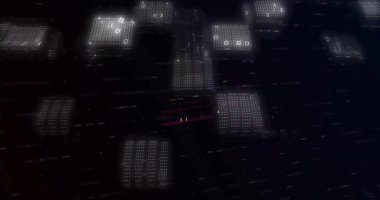 Yüzen nokta panelleri ikili kodları ve karanlık sanal alanda hareket eden şamdan çizelgelerini gösteriyor. Teknoloji, veri görselleştirme, dijital, fütürizm, analitik, sanal çevre, soyut