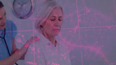 Muayene odasında steteskop kullanarak DNA sarmal grafiklerini gösteren bir sağlık görevlisi. Tıbbi, tanı, teknoloji, sağlık, yenilik, klinik, profesyonel